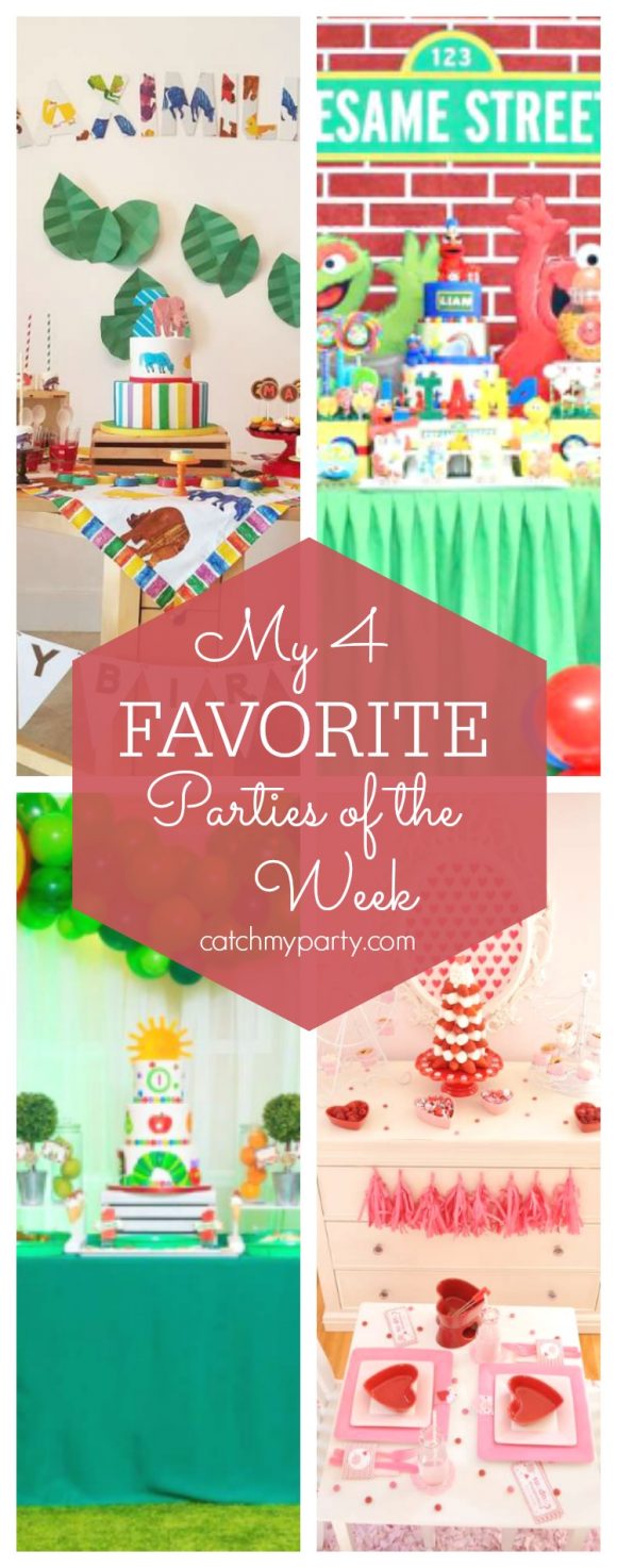 My favorite parties this week include a Brown Bear birthday party, a Sesame Street birthday, a Very Hungry Caterpillar party and a Valentine's Day party | CatchMyParty