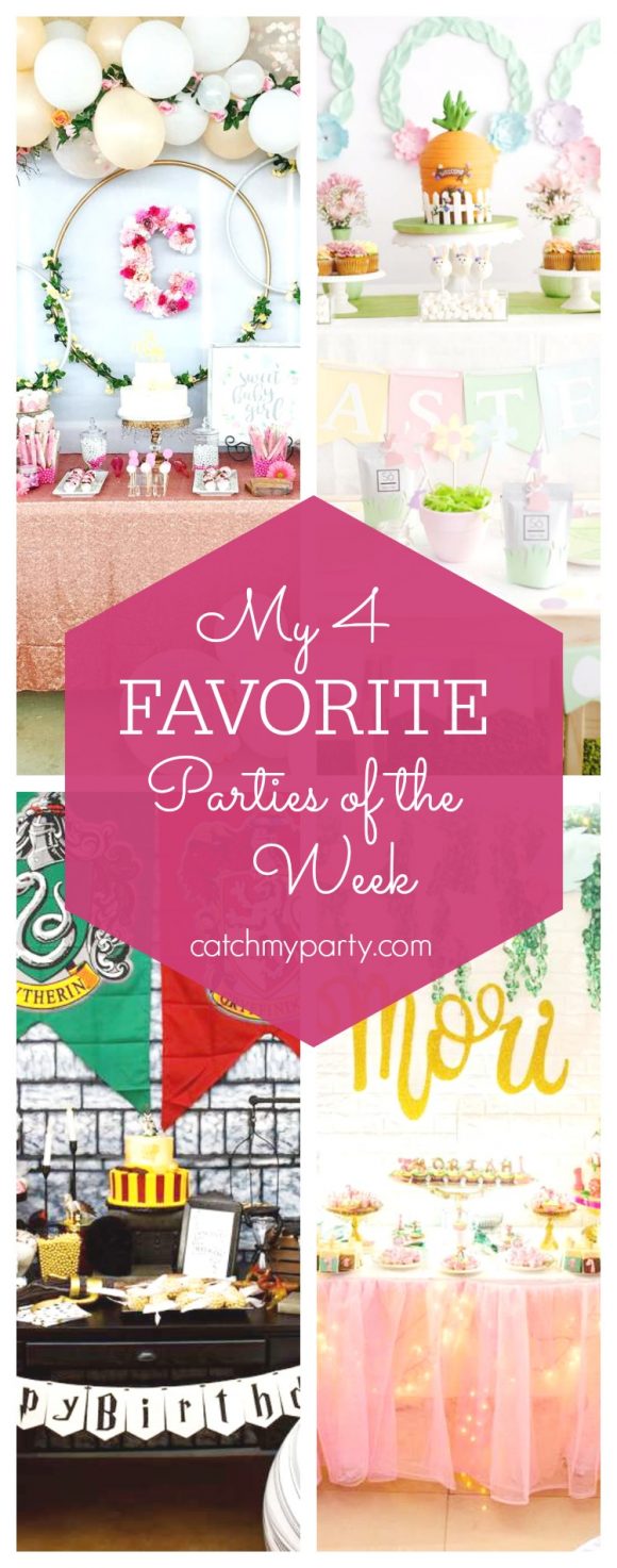My favorite parties this week include a Stunning Floral Baby Shower, an Easter party, a Harry Potter birthday and a tropical safari party | CatchMyParty