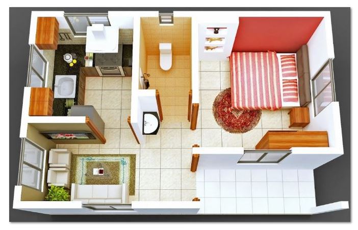 planos-de-casas-cocina-comedor-una-pieza-y-bano-en-3d